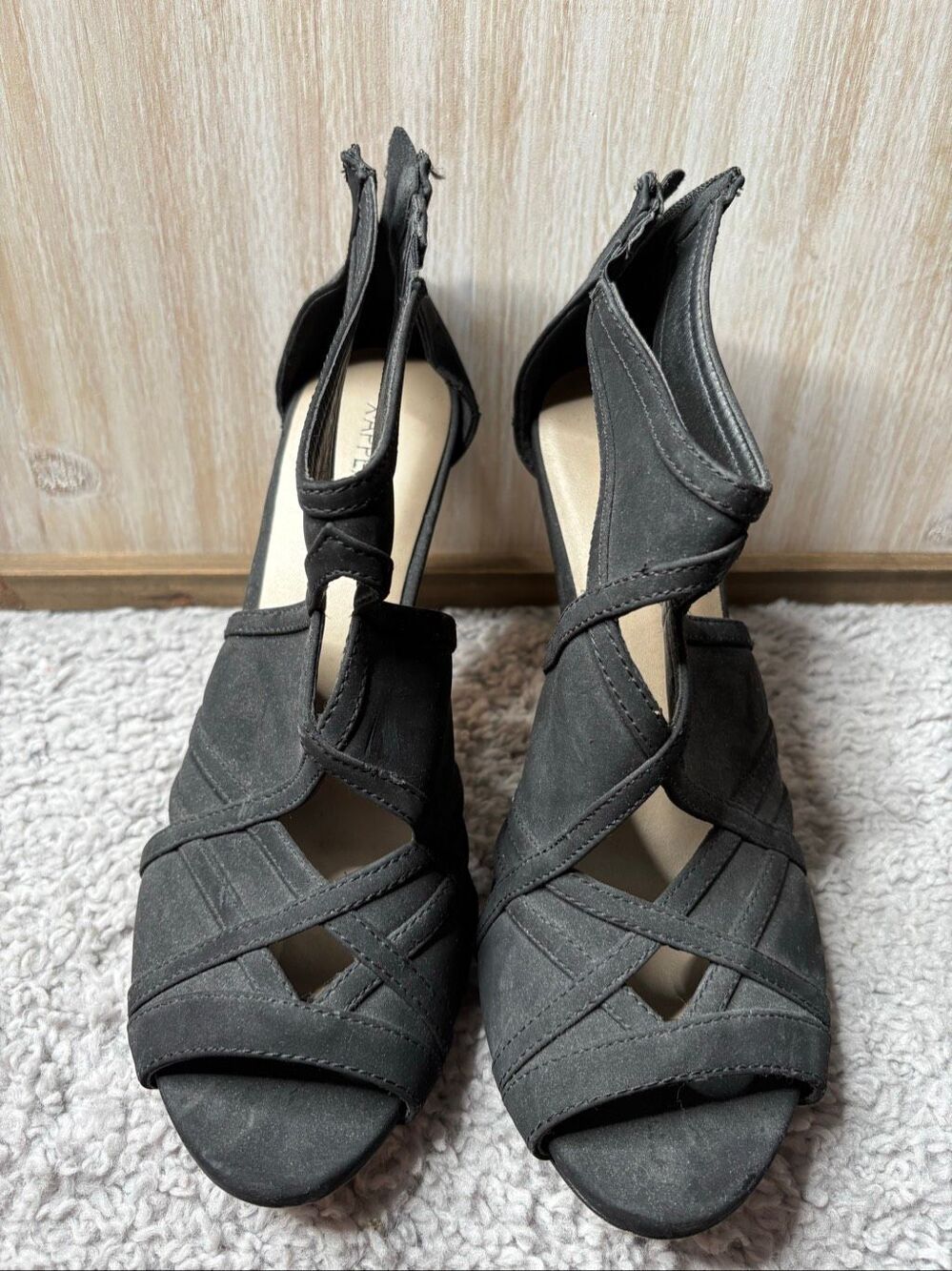 Xappeal Black Cutout Peep Toe Stiletto Heels Black Zip Womens Size 11